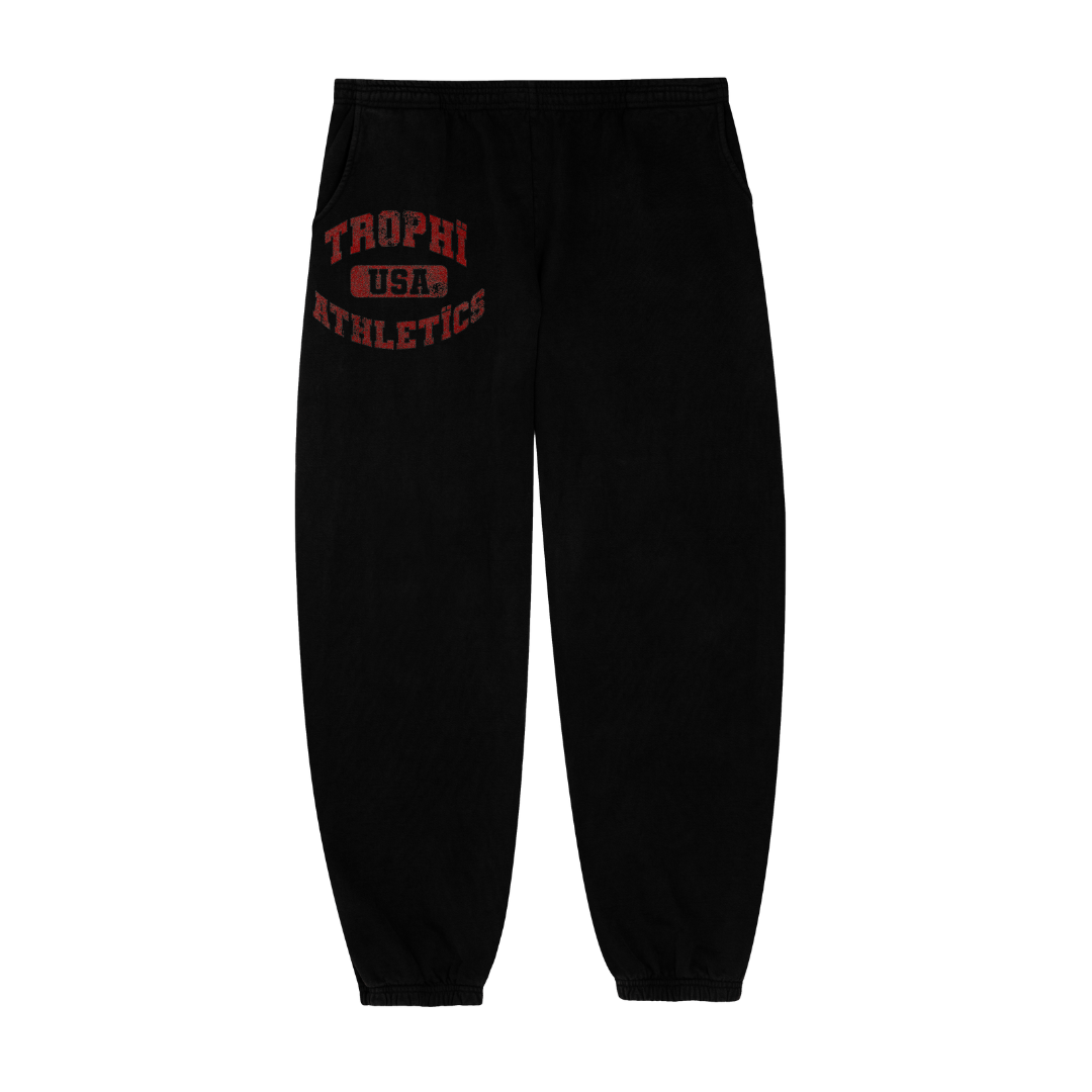 mens off black sweatpants with vintage design on right upper pocket